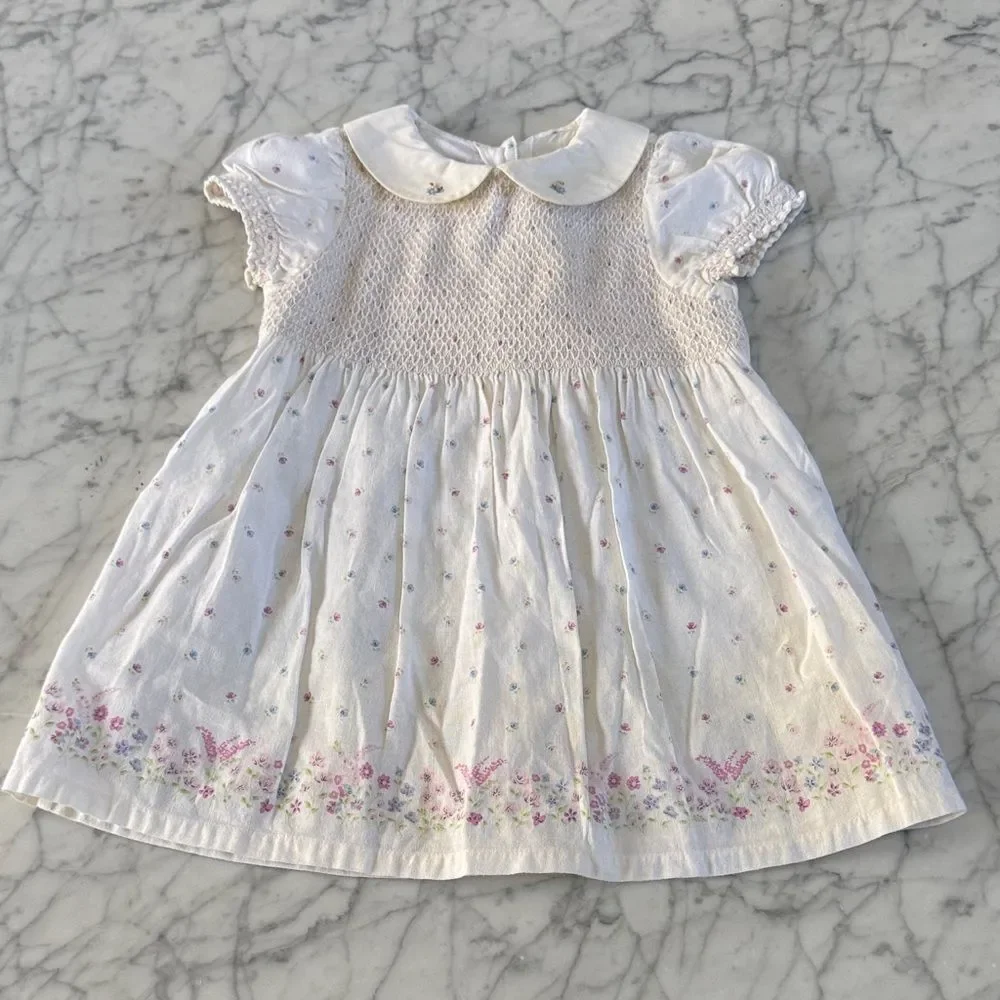Gymboree Smocked Baby Dress Cottagecore Linen Floral Summer Sz 24 Months